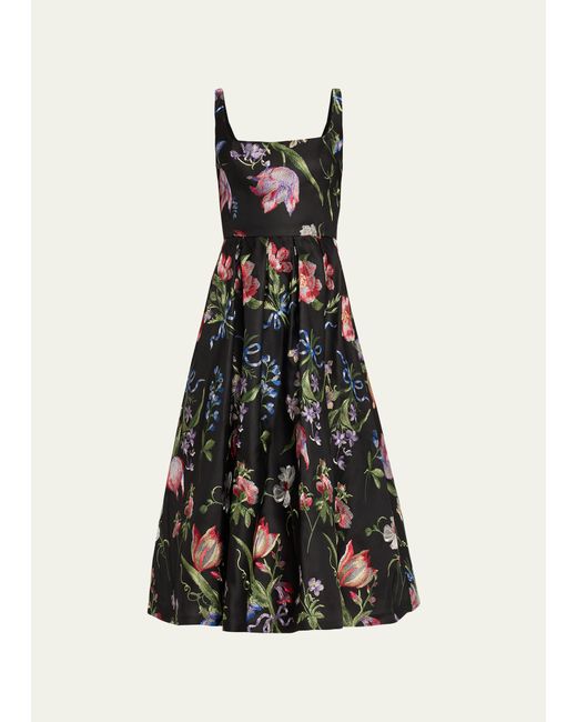 Marchesa Notte Floral Square-Neck A-Line Midi Dress