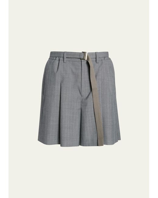 Sacai Pinstripe Pleated-Back Belted Shorts
