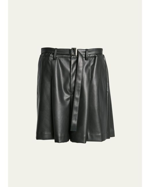 Sacai Belted Faux Leather Pleated-Back Shorts
