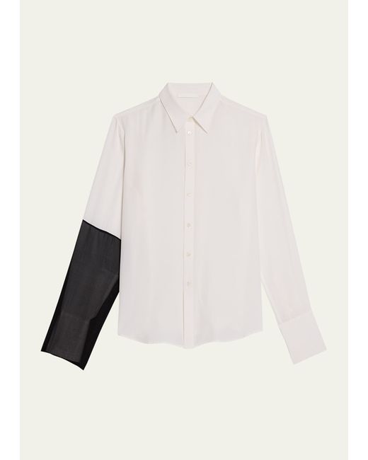 Helmut Lang Bicolor Sleeve Silk Button Down Shirt