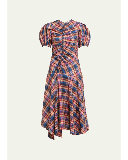 Ulla Johnson Heleen Puff-Sleeve Silk Cotton Plaid Midi Dress