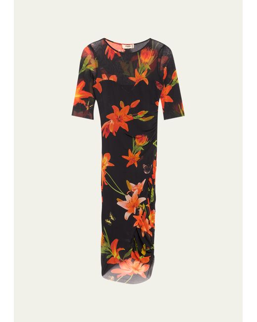 Fuzzi Ruched Floral-Print Tulle Illusion Midi Dress