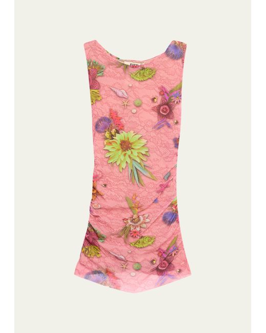 Fuzzi Ruched Floral Lace-Print Tulle Tank Top