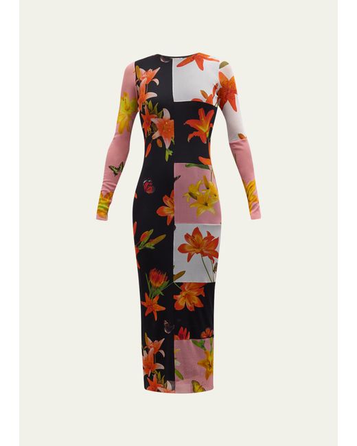 Fuzzi Floral Patchwork-Print Tulle Maxi Dress
