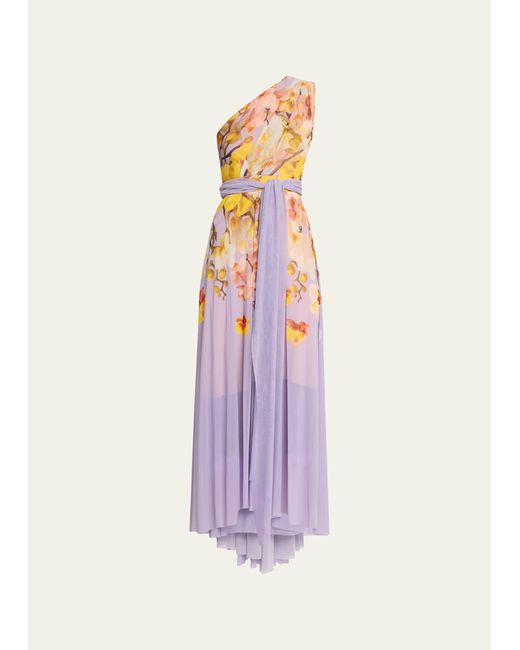 Fuzzi One-Shoulder Floral-Print Tulle Maxi Dress