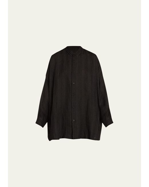 eskandar Stripe Wide Longer-Back Collarless Shirt Long Length