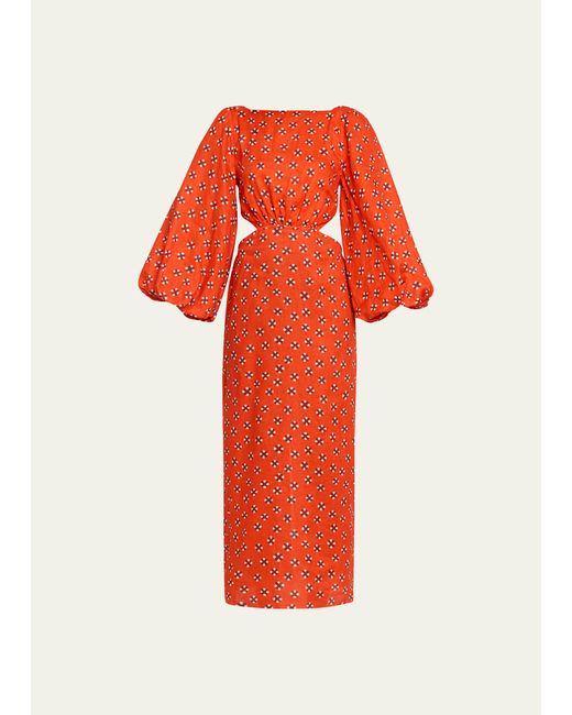 Johanna Ortiz Geometric Composition Printed Open-Back Puff-Sleeve Linen Dress