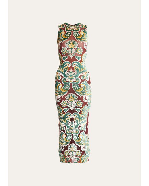 Etro Sleeveless Damask-Print Fitted Midi Dress