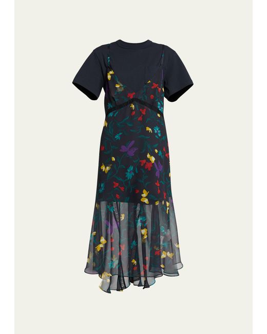 Sacai T-Shirt Layered Floral-Print Slip Midi Dress