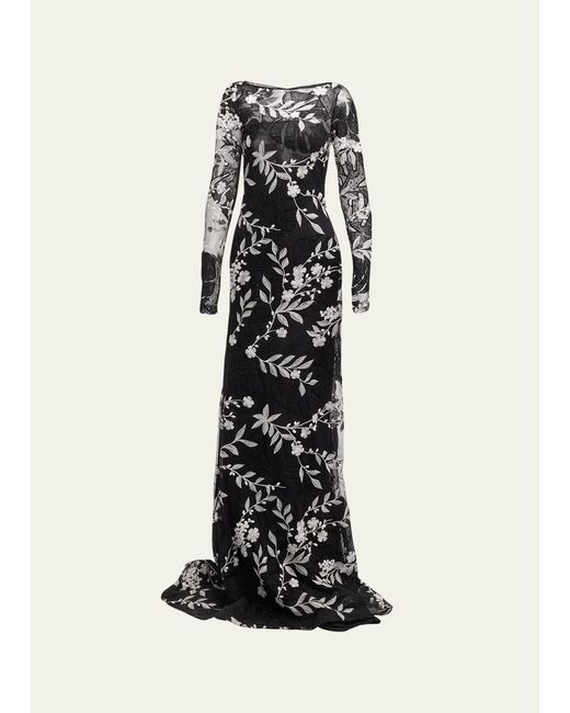 Naeem Khan Floral Embroidered Gown with Sheer Overlay