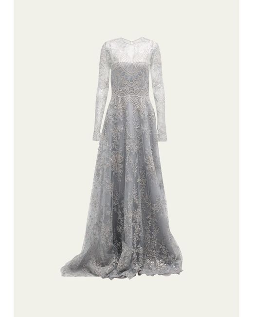 Naeem Khan Tattoo Lace Gown with Sheer Overlay
