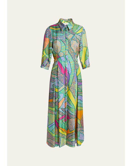 Gabriela Hearst Andy Abstract-Print 3/4-Sleeve Belted Silk Maxi Shirtdress