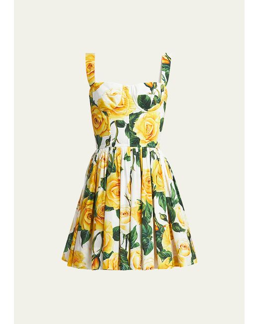 Dolce & Gabbana Yellow Rose Floral Print Mini Dress with Corsetry Construction
