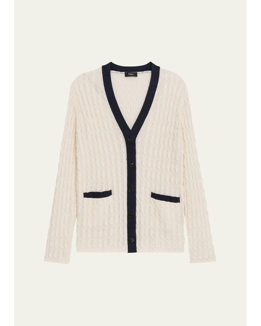 Theory Cable-Knit Contrast-Trim Cardigan