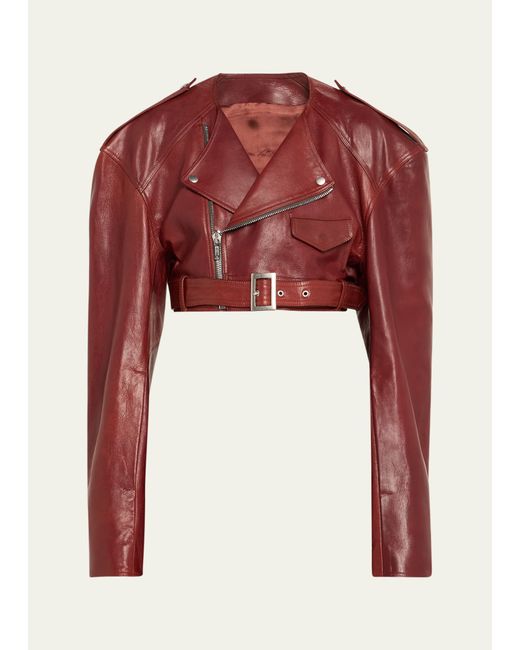 Rick Owens Leather Cropped Belted Moto Jacket