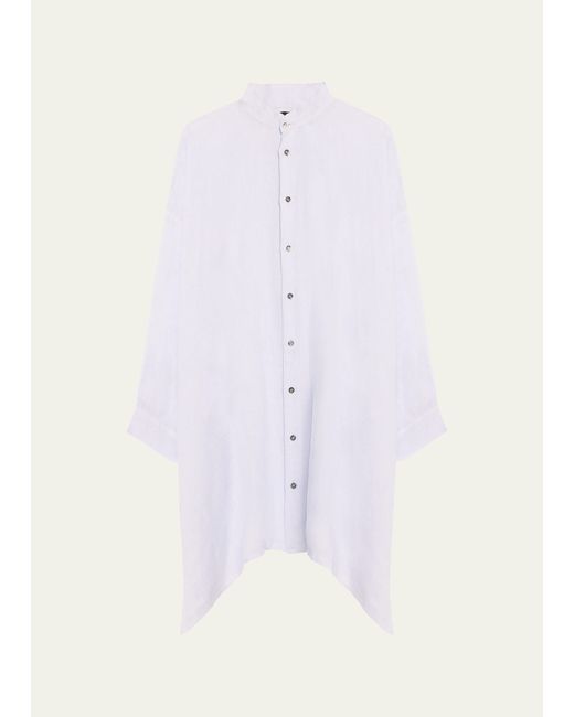 eskandar Wide A-line Collarless Linen Shirt Very Long Length with Slits