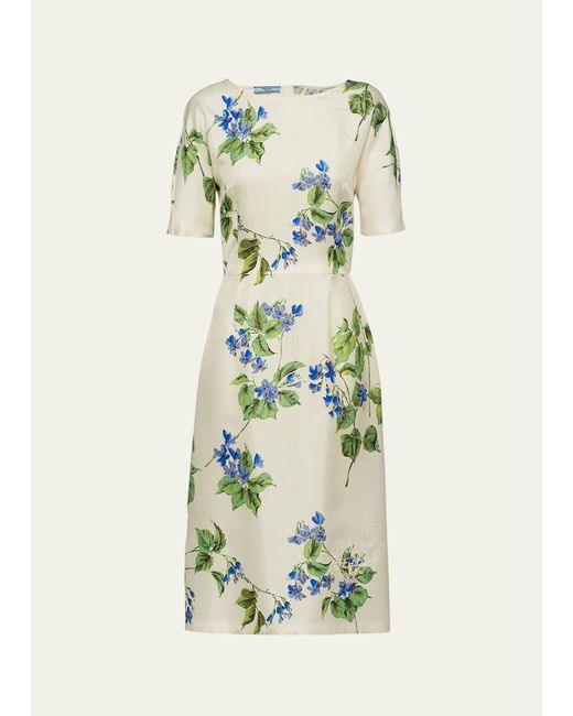 Prada Viola Print Silk Short-Sleeve Midi Dress