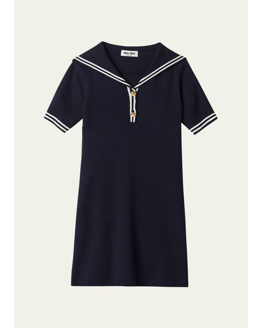 Miu Miu Sailor Collar Cotton Short-Sleeve Mini Dress