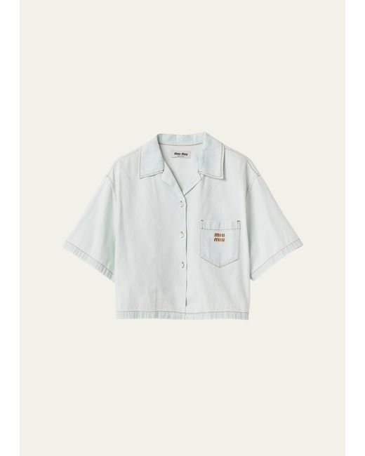 Miu Miu Denim Chambray Short-Sleeve Cropped Button-Front Shirt