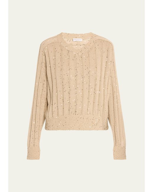 Brunello Cucinelli Chunky Ribbed Knit Sweater with Paillette Detail