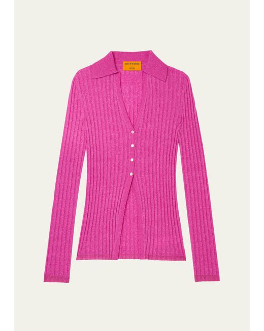 Guest in Residence Ribbed Wool Cashmere V-Neck Polo Cardigan