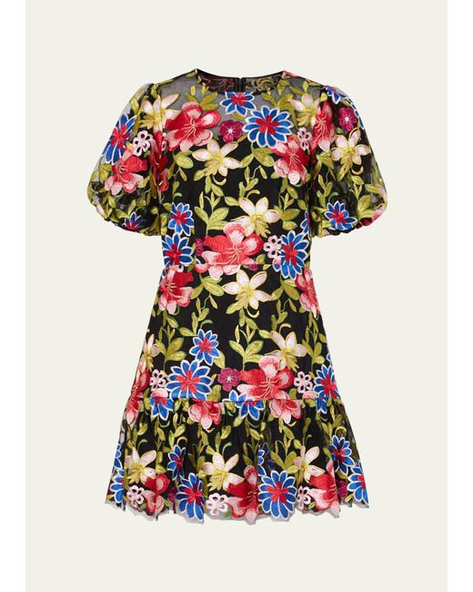 Milly Yasmin Floral-Embroidered Flounce Mini Dress