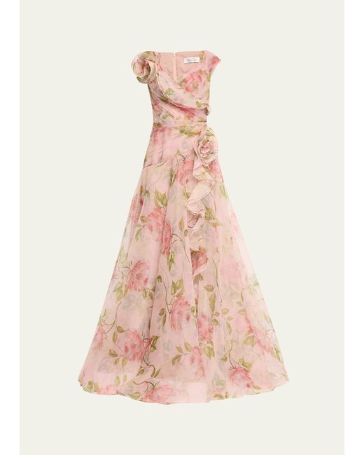 Rickie Freeman for Teri Jon Pleated Off-Shoulder Floral-Print Organza Gown