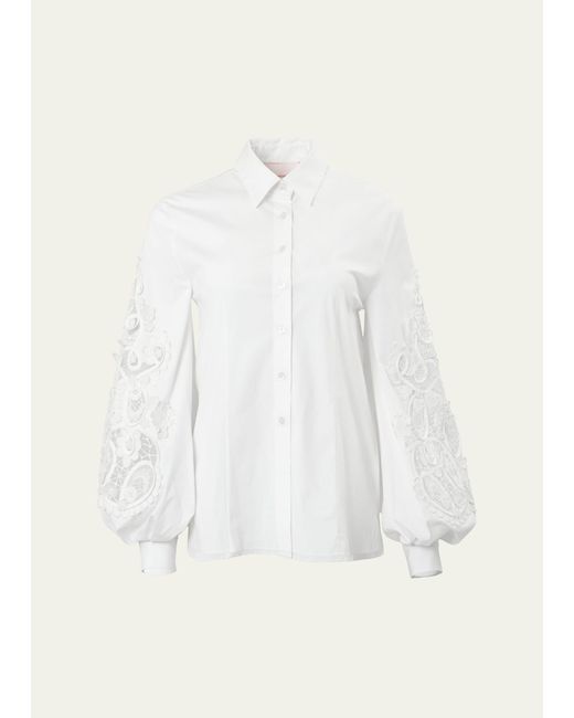 Carolina Herrera Embroidered Puff-Sleeve Button-Front Blouse