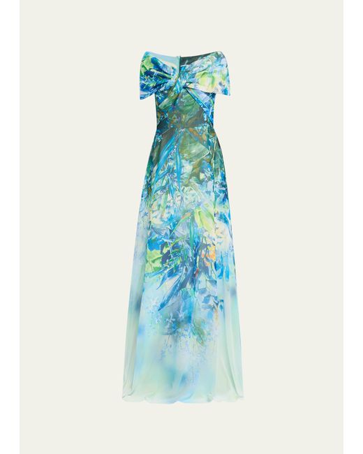 Rickie Freeman for Teri Jon Off-Shoulder Floral-Print Chiffon Gown
