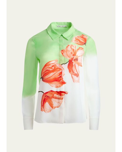 Alice + Olivia Brady Two-Tone Floral Oversized Button-Front Silk Blouse