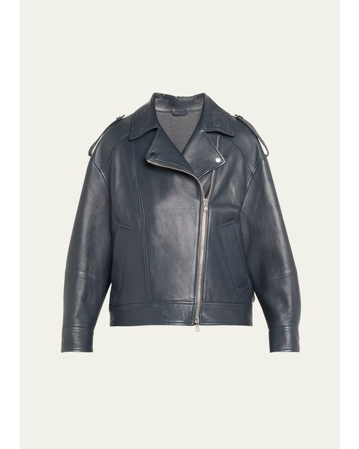 Brunello Cucinelli Smooth Glove Leather Oversized Moto Jacket