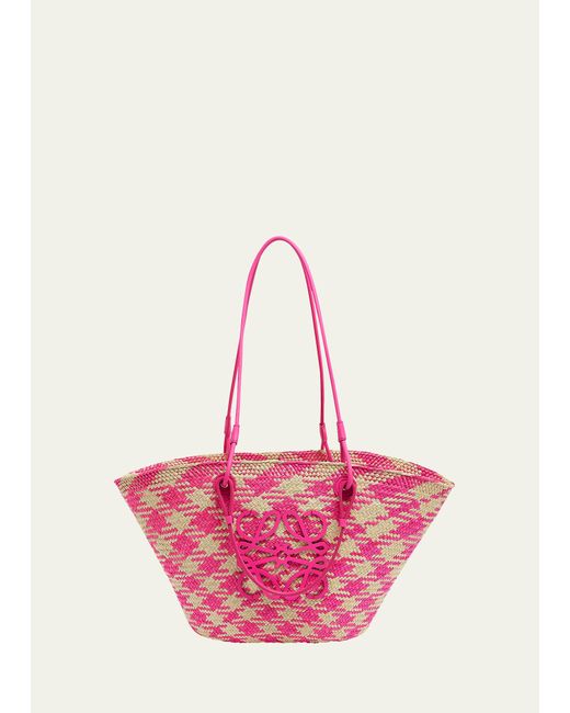 Loewe x Paulas Ibiza Medium Anagram Basket Tote Bag Checkered Iraca Palm with Leather Handles
