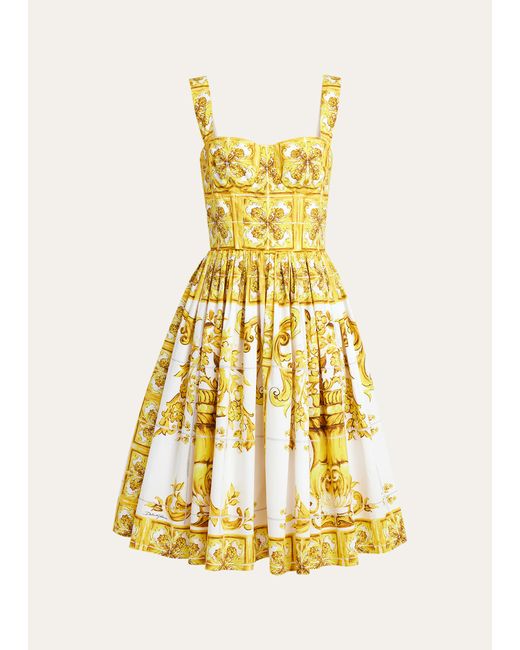 Dolce & Gabbana Tile-Print Pleated Poplin Bustier Dress