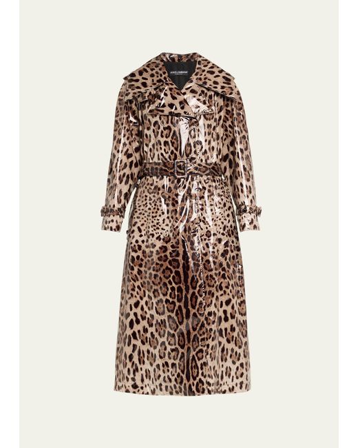 Dolce & Gabbana Leopard-Print Belted Shiny Long Trench Coat