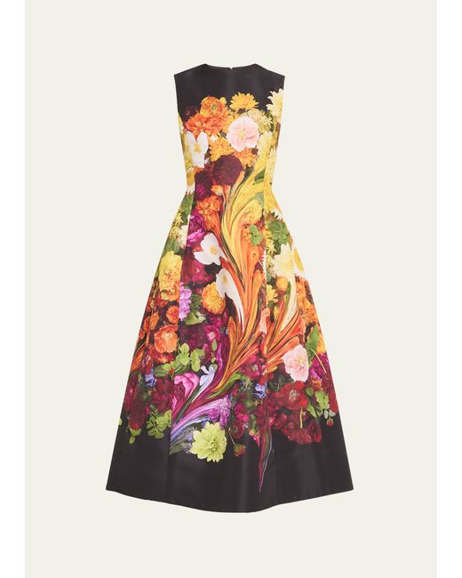 Oscar de la Renta Sleeveless Jewel-Neck Rainbow Flower Marble Faille Midi Dress