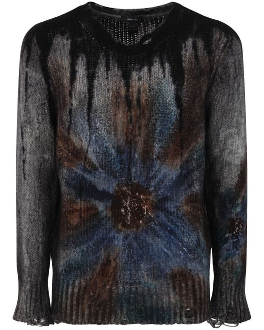 Avant Toi Liquid Art Effect Round Neck Pullover With Destroyed Edges