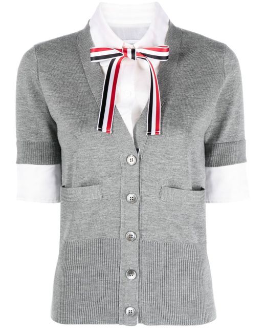 Thom Browne Jersey Stitch Organza Round Collar Shirt Ss V Neck Cardigan Combo With Rwb Satin Ribbon T