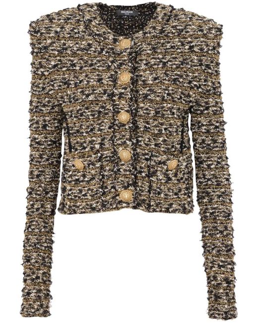 Balmain Collarless 2 Pkt Tweed Cropped Jacket