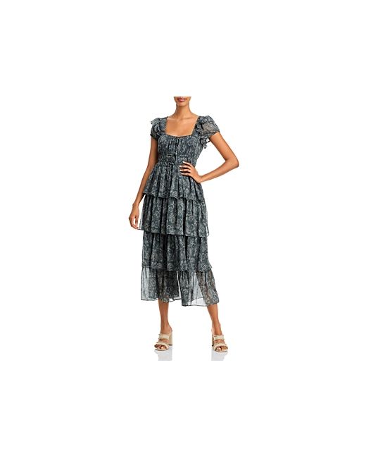 Likely Moss Square Neck Tiered Ruffle Midi Dress