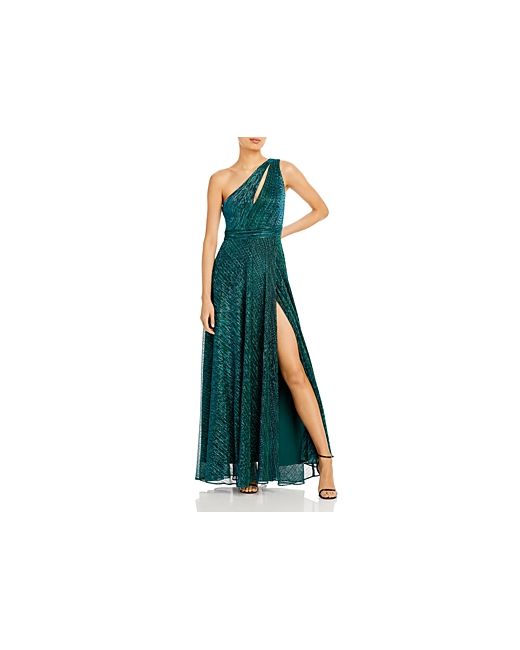 Aqua One Shoulder Crinkled Metallic Gown 100 Exclusive