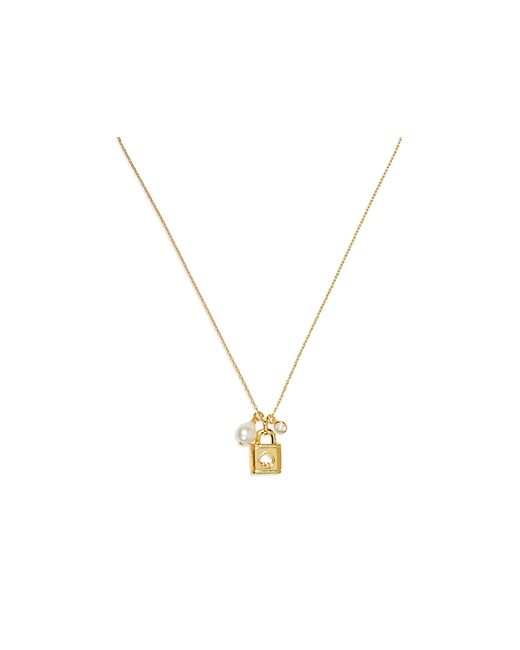 Kate Spade New York Lock And Spade Cubic Zirconia Freshwater Pearl Padlock Charm Mini Pendant Necklace in Gold Tone 16-19