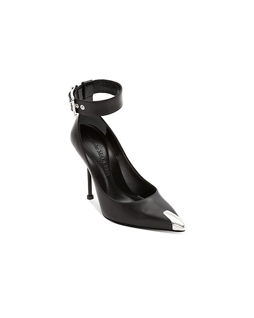 Alexander McQueen Ankle Strap Pointed Metallic Toe Pumps