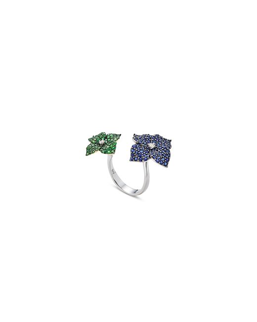 Piranesi 18K White Gold Double Flower Diamond Sapphire Tsavorite Ring