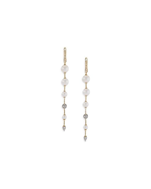 David Yurman 18K Yellow Gold Cultured Freshwater Pearl Diamond Pave Linear Drop Earrings