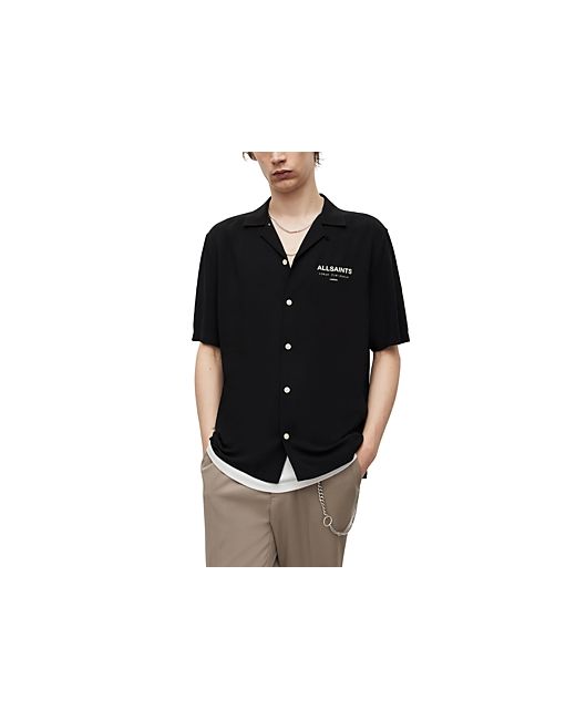 AllSaints Underground Logo Print Relaxed Fit Button Down Camp Shirt