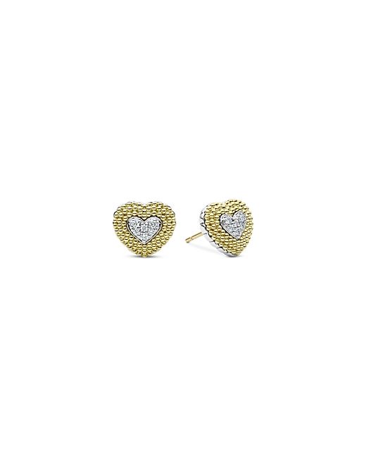Lagos Sterling Silver 18K Yellow Gold Caviar Lux Beaded Diamond Heart Stud Earrings
