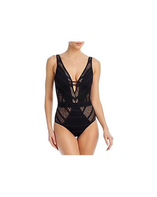 BECCA by Rebecca Virtue Crochet Plunge One-Piece Swimsuit