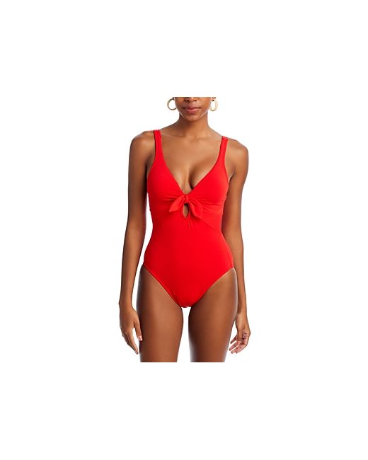 Robin Piccone Plunge Neck Tie-Front One Piece Swimsuit
