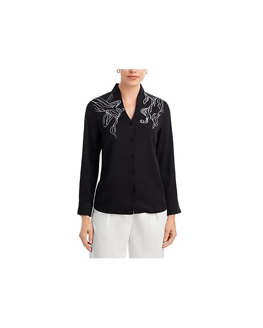 Misook Embroidered Button Front Crepe Top