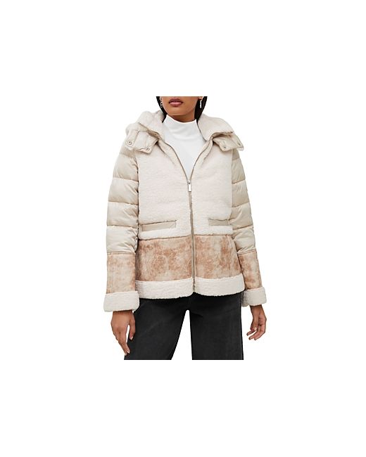 French Connection Mixed Media Faux Shearling Leather Hooded Zip Jacket